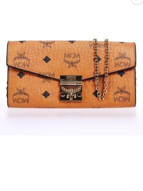 MCM Cognac Visetos Logo Leather Chain Clutch